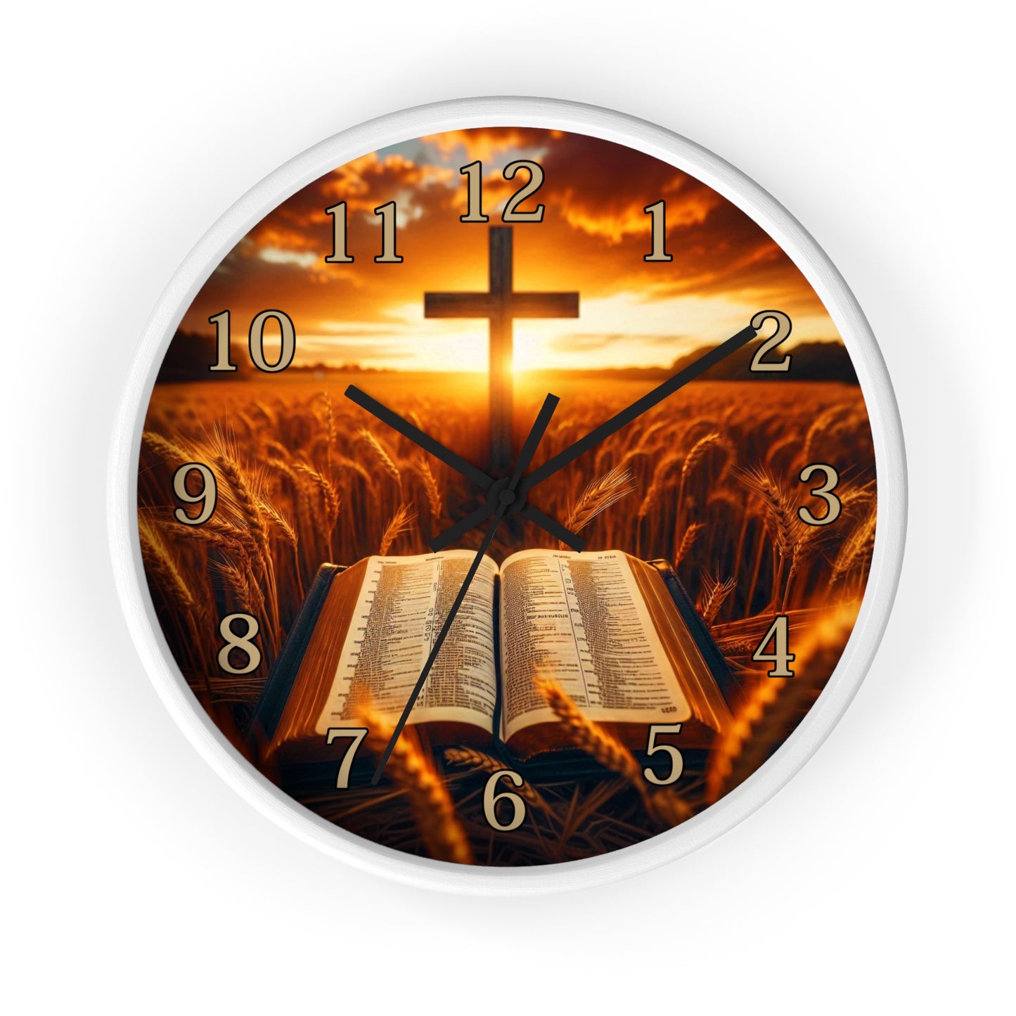 Christian Wall Clock — Cross & Open Bible Sunset Decorative Clock