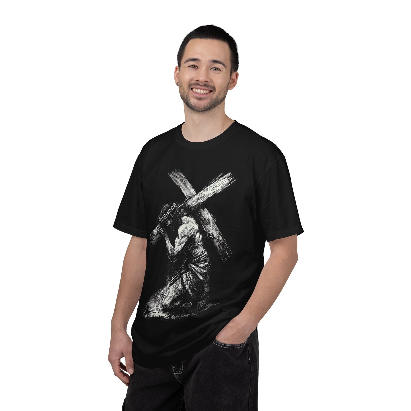 T‑Shirt — Christ Carrying Cross Black Illustration Graphic Tee