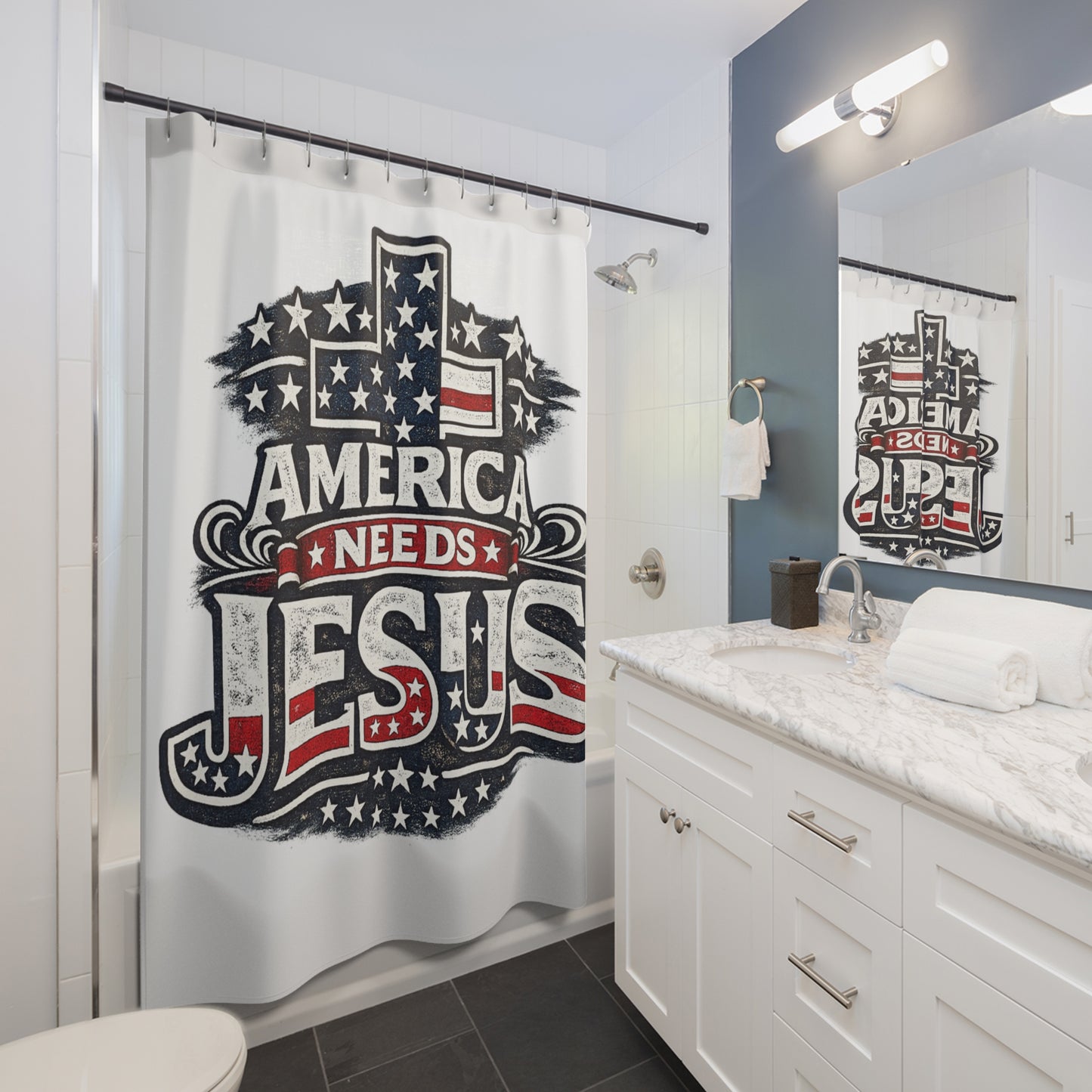 America Needs Jesus Shower Curtain – Patriotic Christian Bathroom Décor