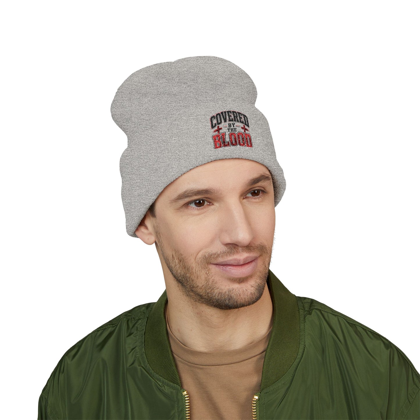 Embroidered 'Covered by the Blood' Cuffed Beanie — Christian Faith Knit Hat
