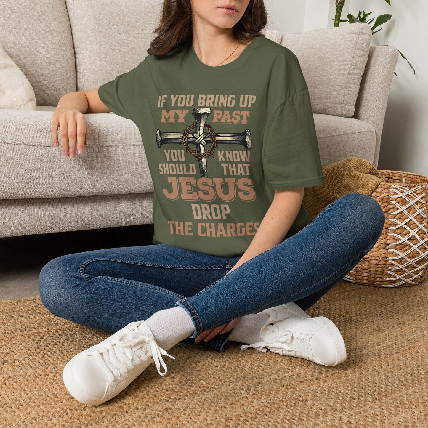 Christian T-Shirt — "If You Bring Up My Past You Should Know That Jesus Dropped the Charges"