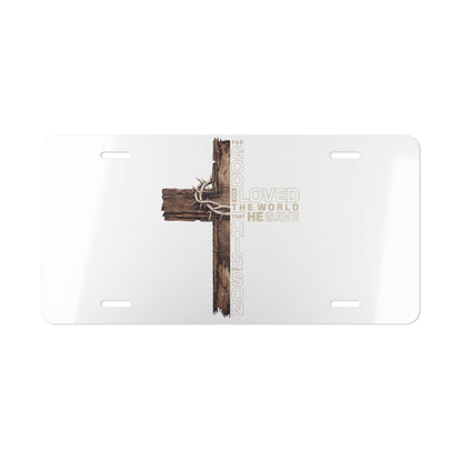 Religious License Plate - Rustic Wooden Cross with Crown of Thorns & "For God So Loved the World" Vanity Plate