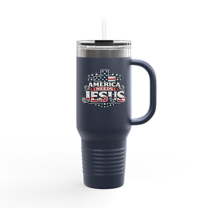 40oz Insulated Travel Mug — "America Needs Jesus" Patriotic Stainless Tumbler