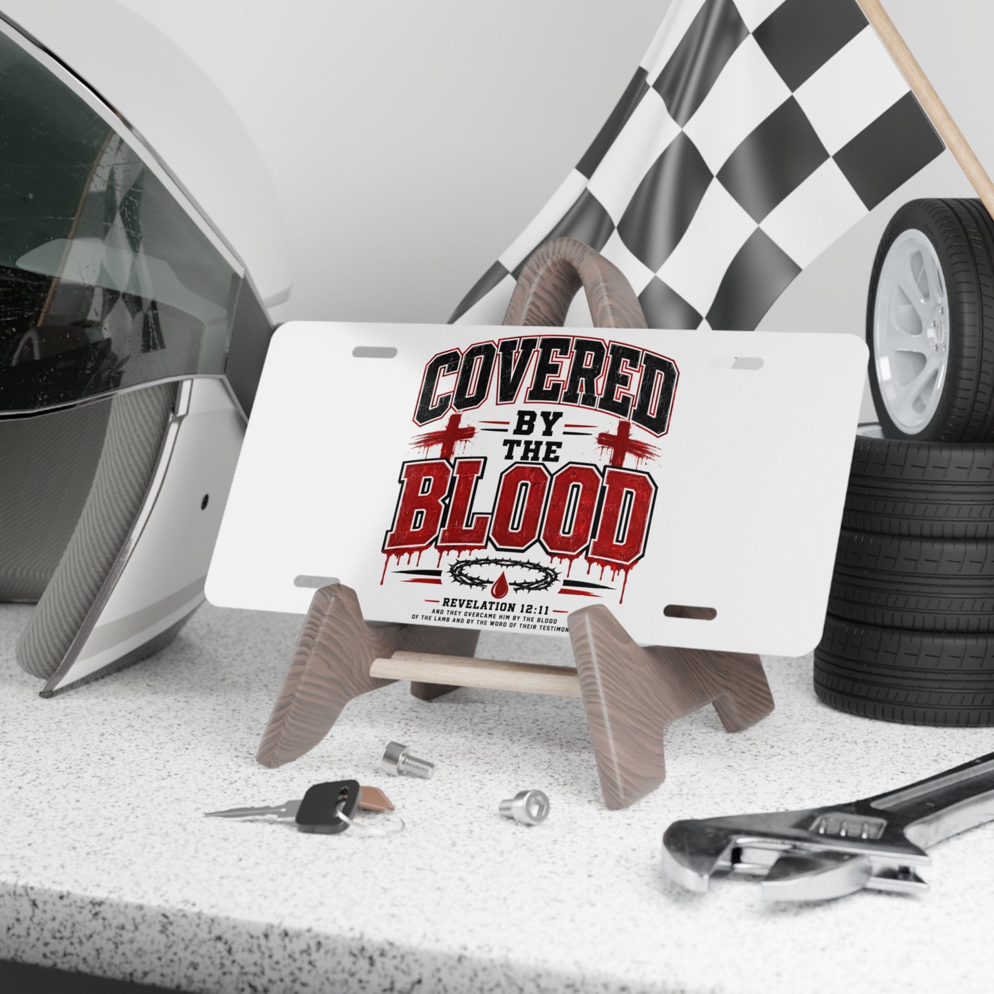 Covered by the Blood Vanity Plate — Christian License Plate with Revelation 12:11 Design