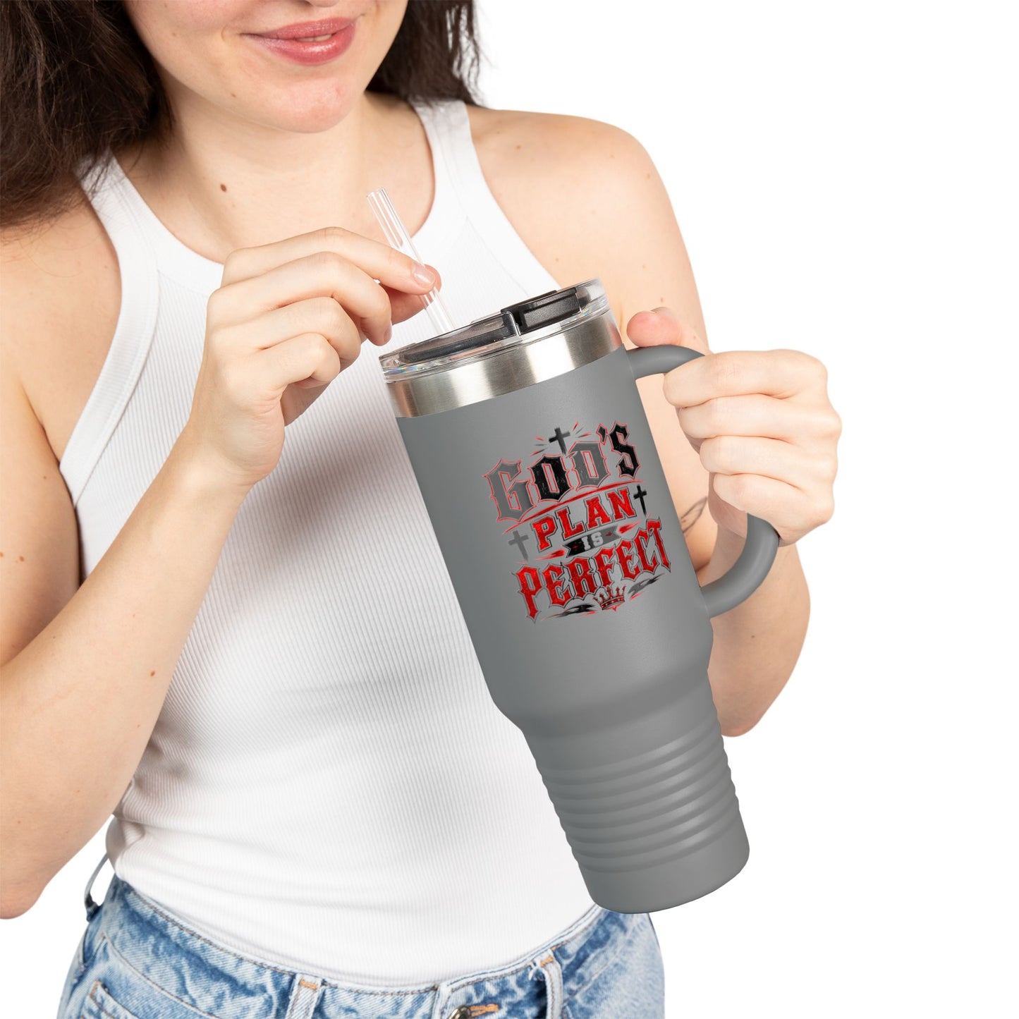 40oz Insulated Travel Mug — "God's Plan is Perfect" Faith Stainless Tumbler