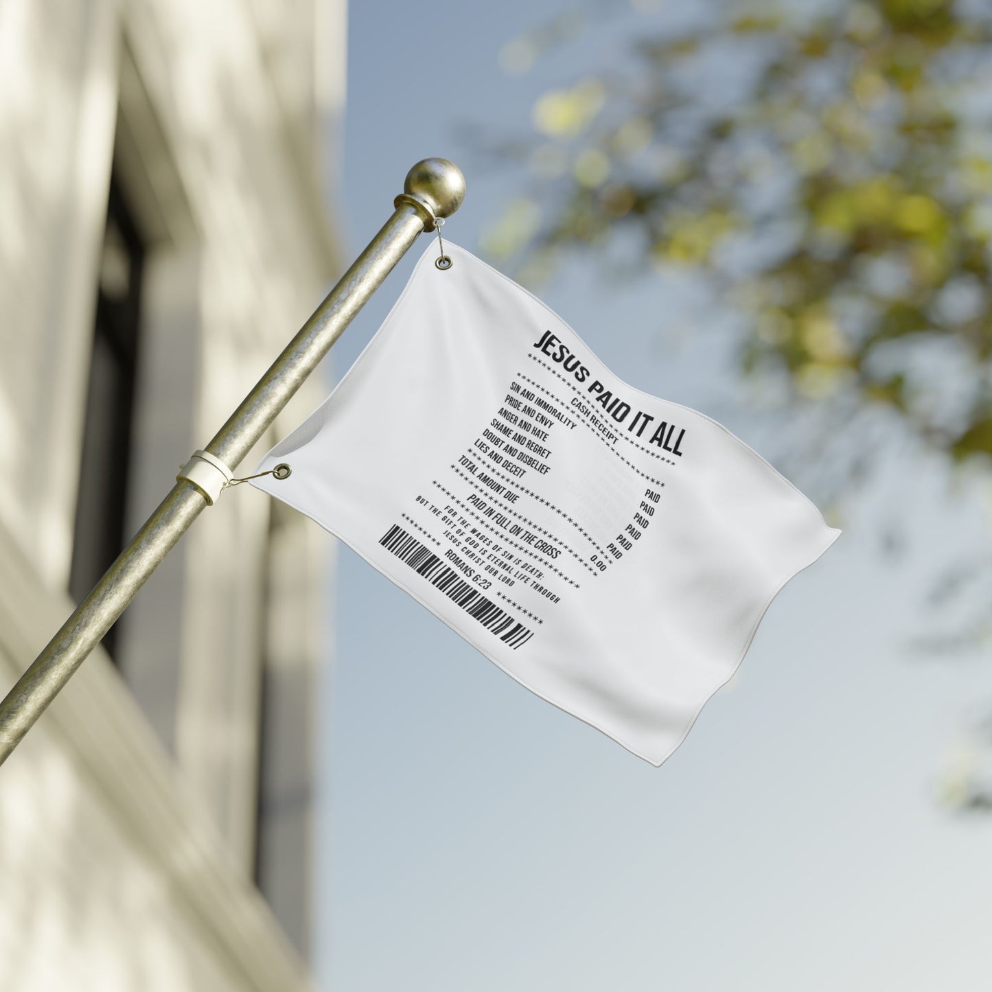 Double-Sided Flag — “Jesus Paid It All” Receipt Design (Christian Home & Church Decor)