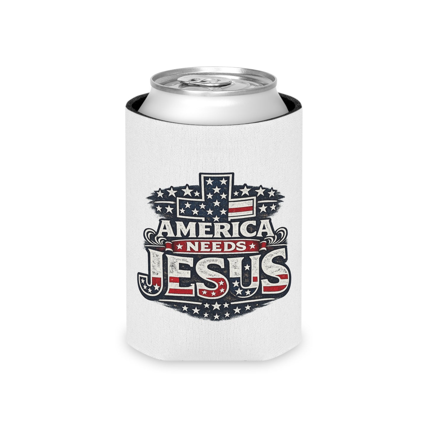 Can Cooler - "America Needs Jesus" Patriotic Cross Beverage Koozie