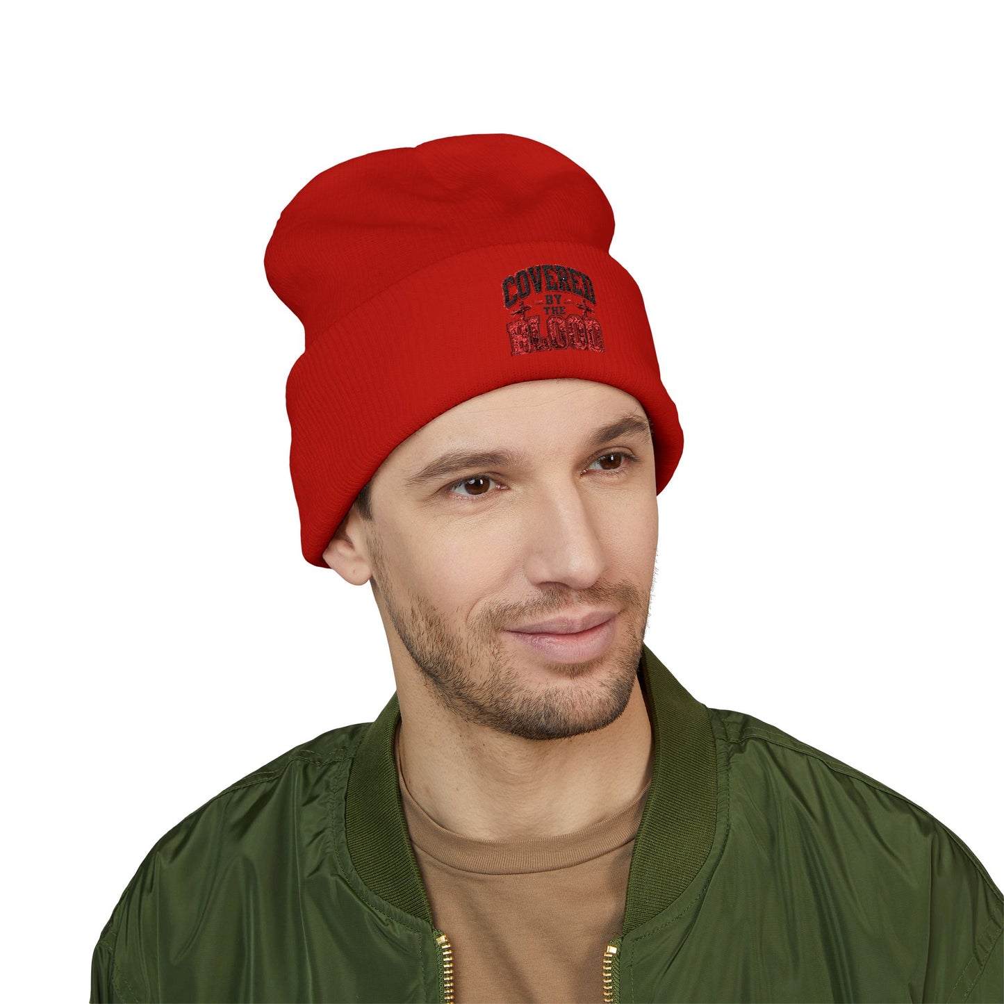 Embroidered 'Covered by the Blood' Cuffed Beanie — Christian Faith Knit Hat