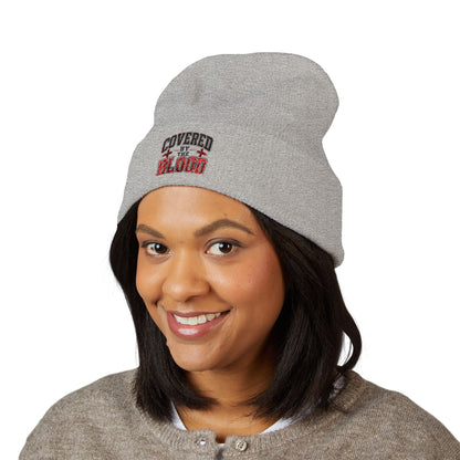 Embroidered 'Covered by the Blood' Cuffed Beanie — Christian Faith Knit Hat