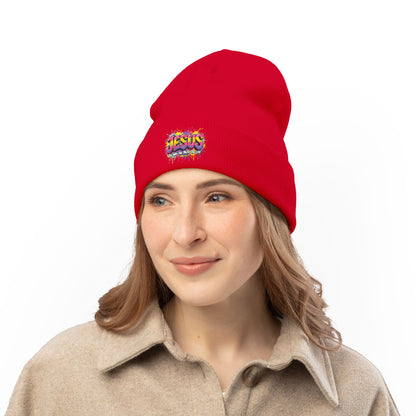 Embroidered 'Jesus' Graffiti Knit Beanie