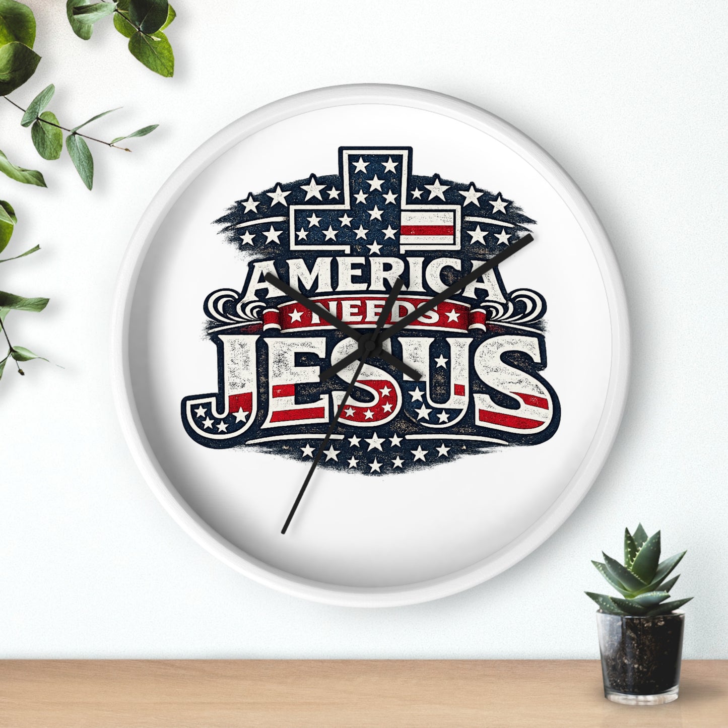 Wall Clock — "America Needs Jesus" Patriotic Cross Clock