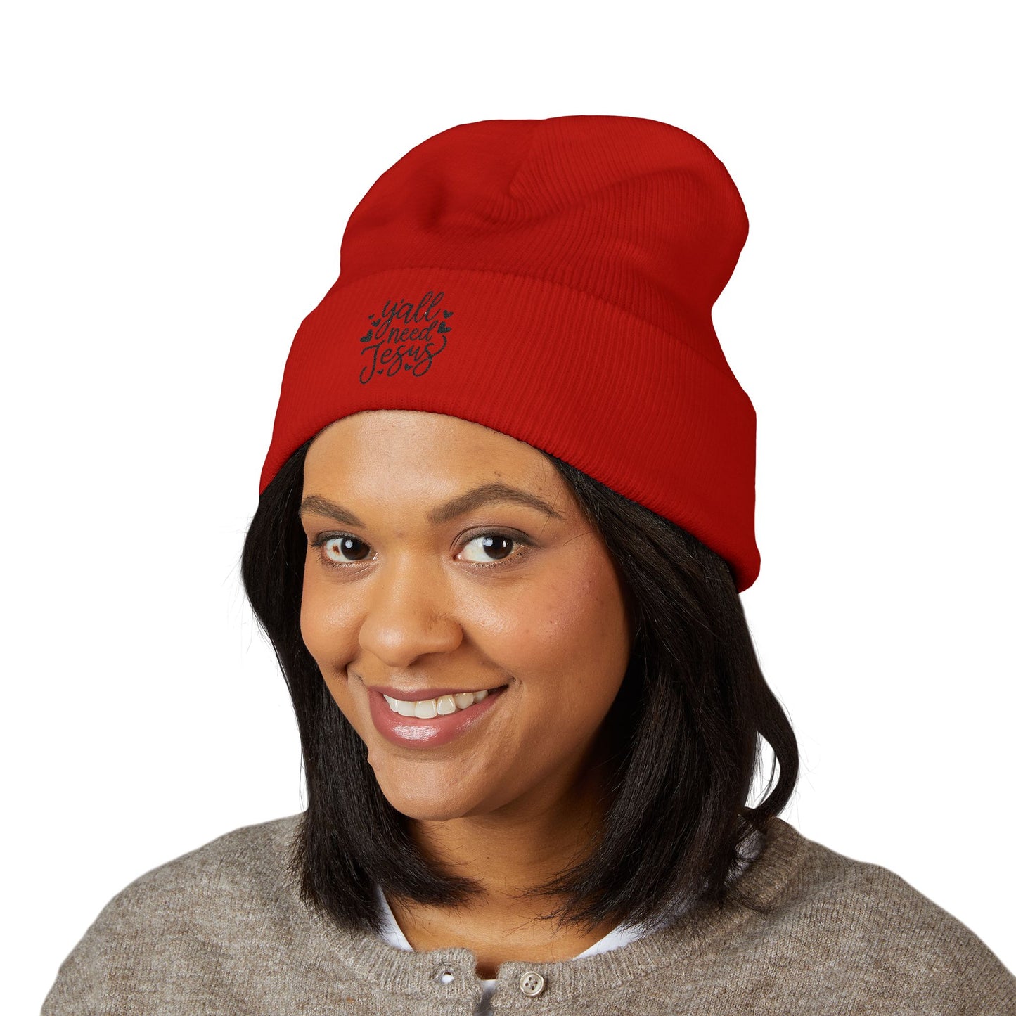 Embroidered 'Y'all Need Jesus' Cuffed Beanie