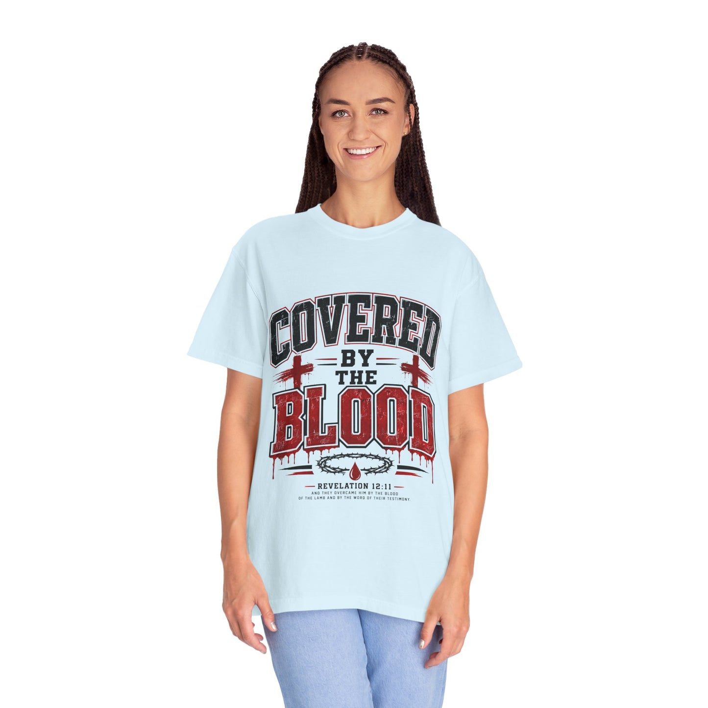 Covered by the Blood T-Shirt — Christian Faith Graphic Tee (Revelation 12:11)