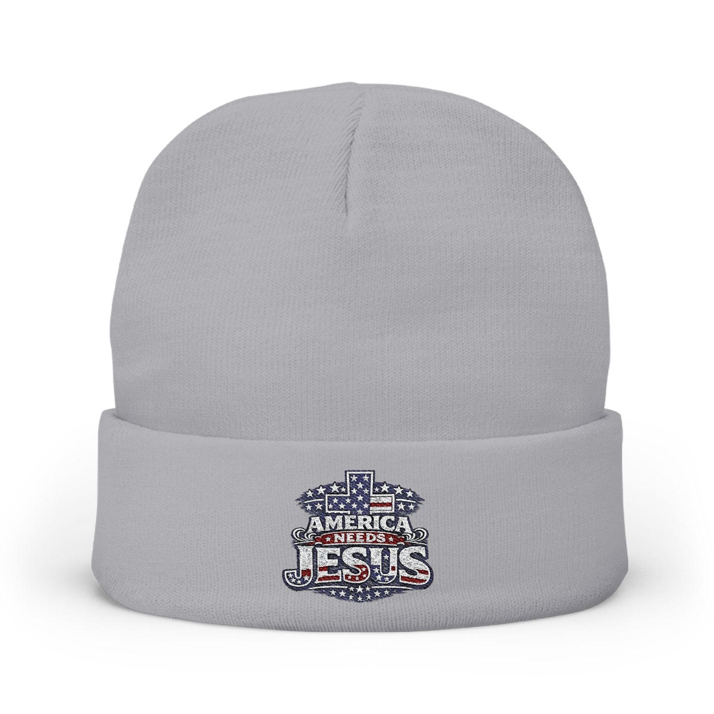 Embroidered "America Loves Jesus" Knit Beanie — Patriotic Christian Winter Hat