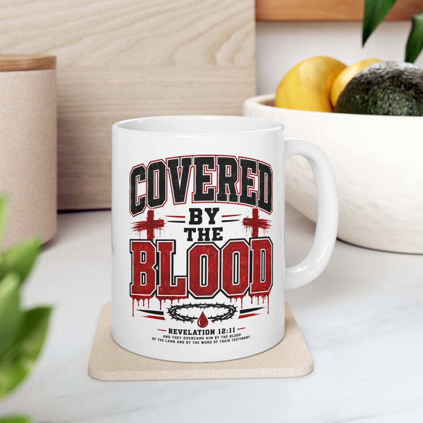Covered by the Blood Ceramic Mug — Christian Revelation 12:11 Coffee Cup