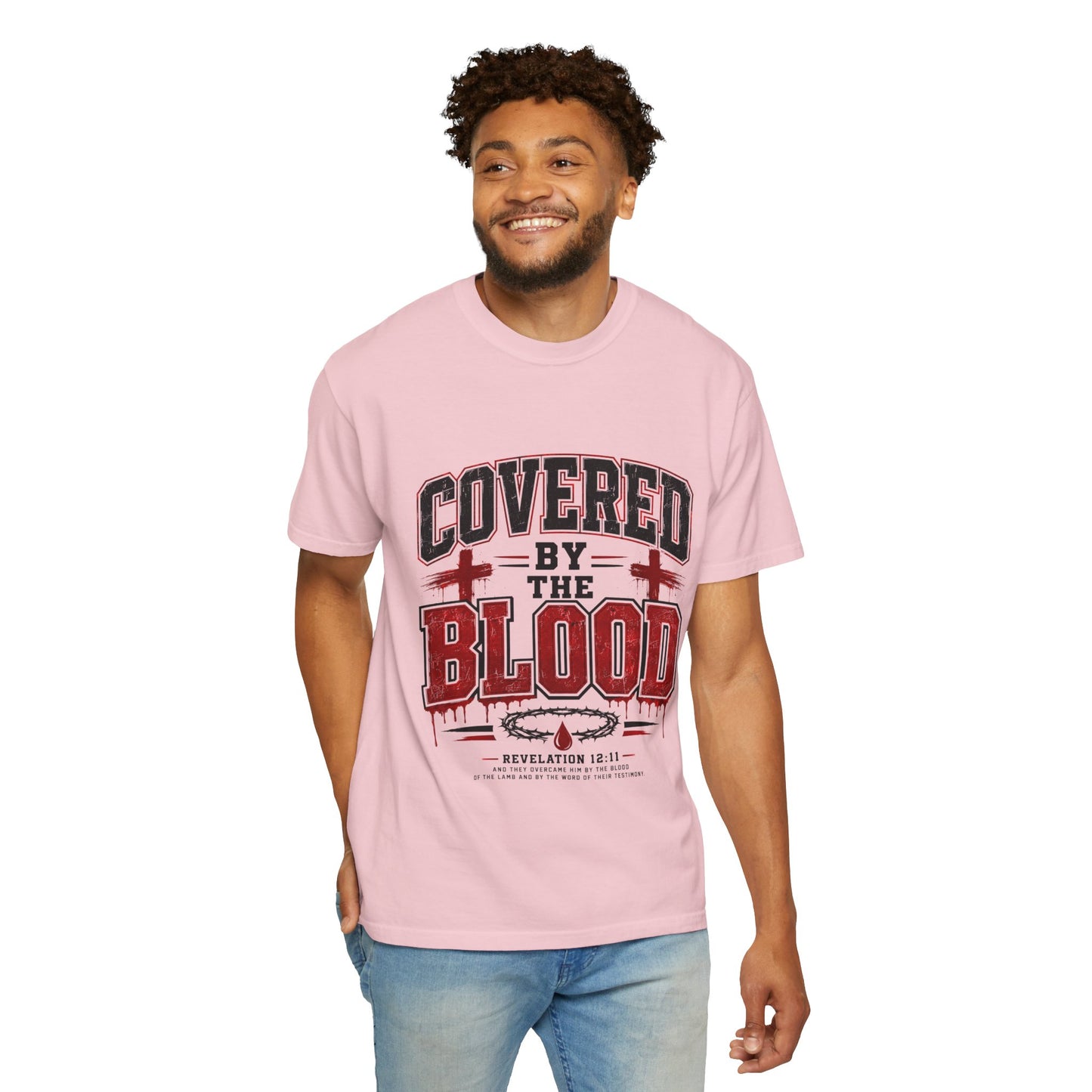 Covered by the Blood T-Shirt — Christian Faith Graphic Tee (Revelation 12:11)