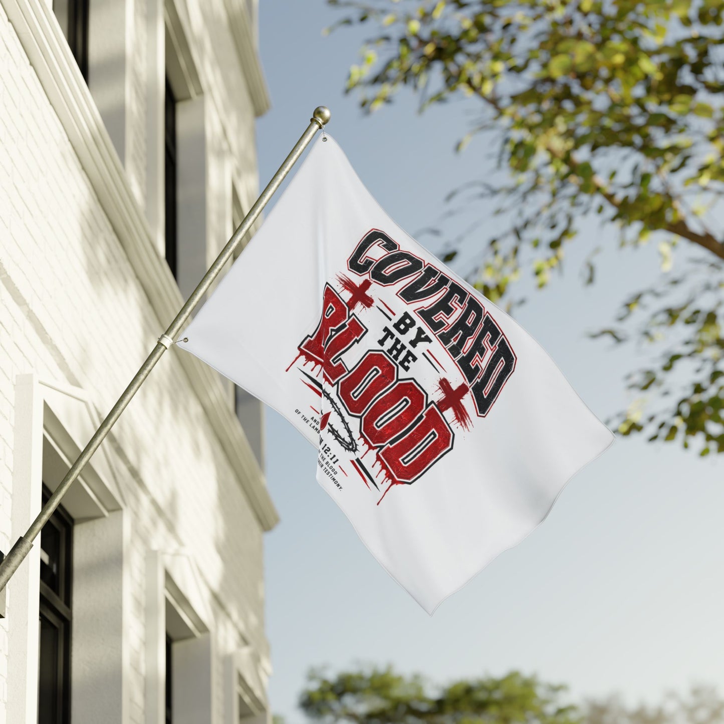 Covered by the Blood Flag - Double-Sided Christian Faith Banner (Revelation 1:5-7)