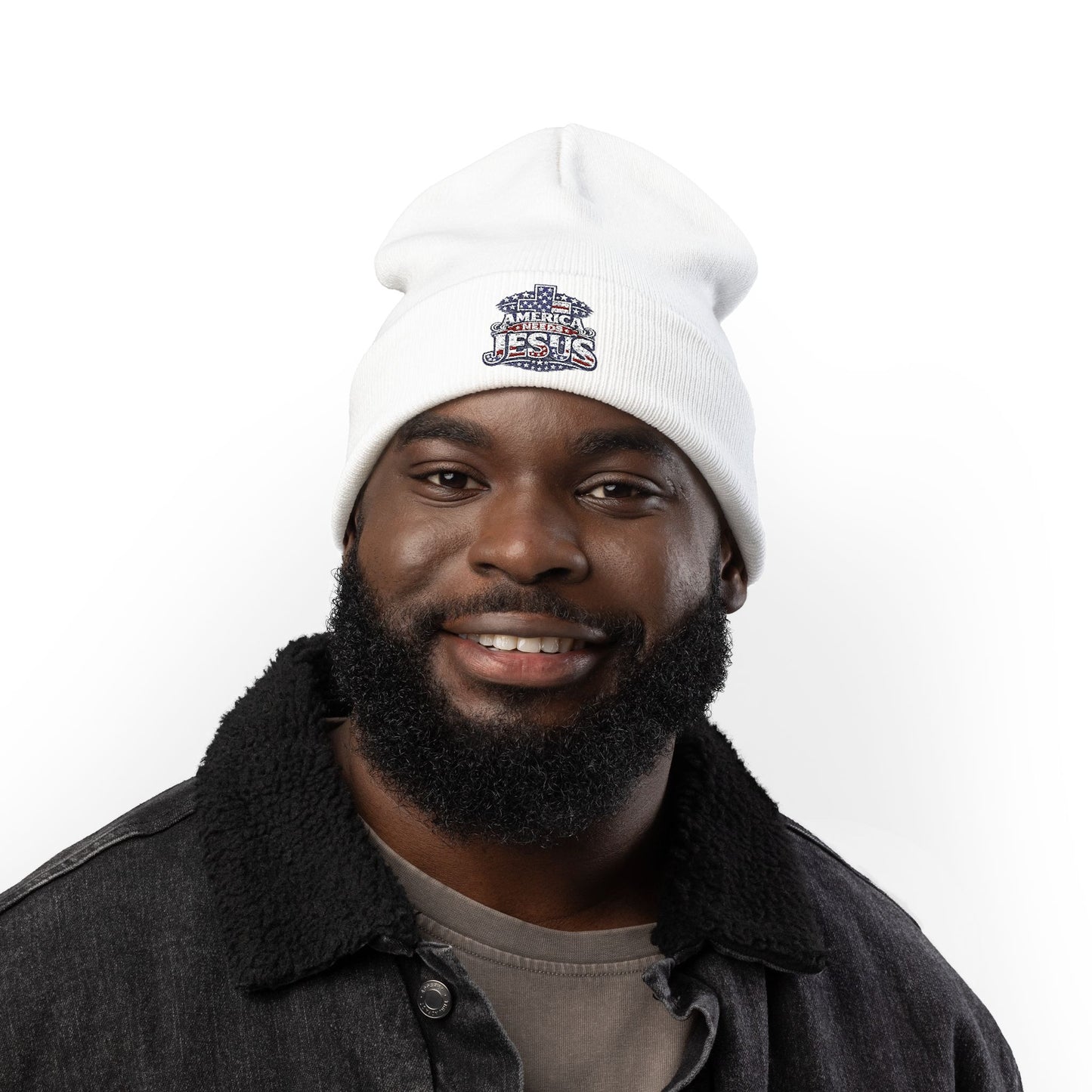 Embroidered "America Loves Jesus" Knit Beanie — Patriotic Christian Winter Hat