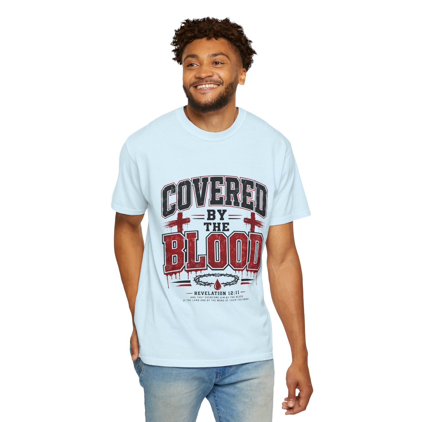 Covered by the Blood T-Shirt — Christian Faith Graphic Tee (Revelation 12:11)