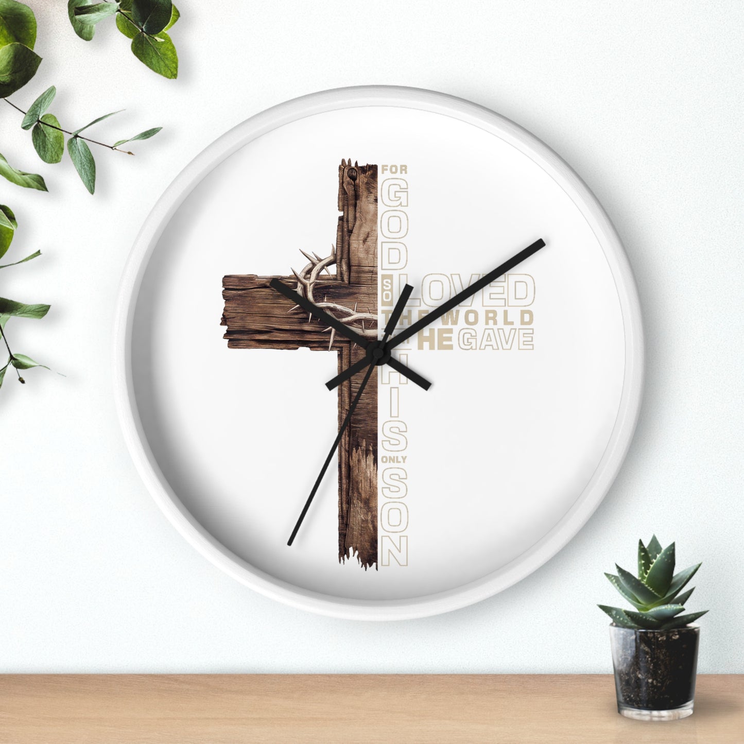 Wooden Cross Wall Clock — "For God So Loved the World He Gave His Son" Christian Home Decor