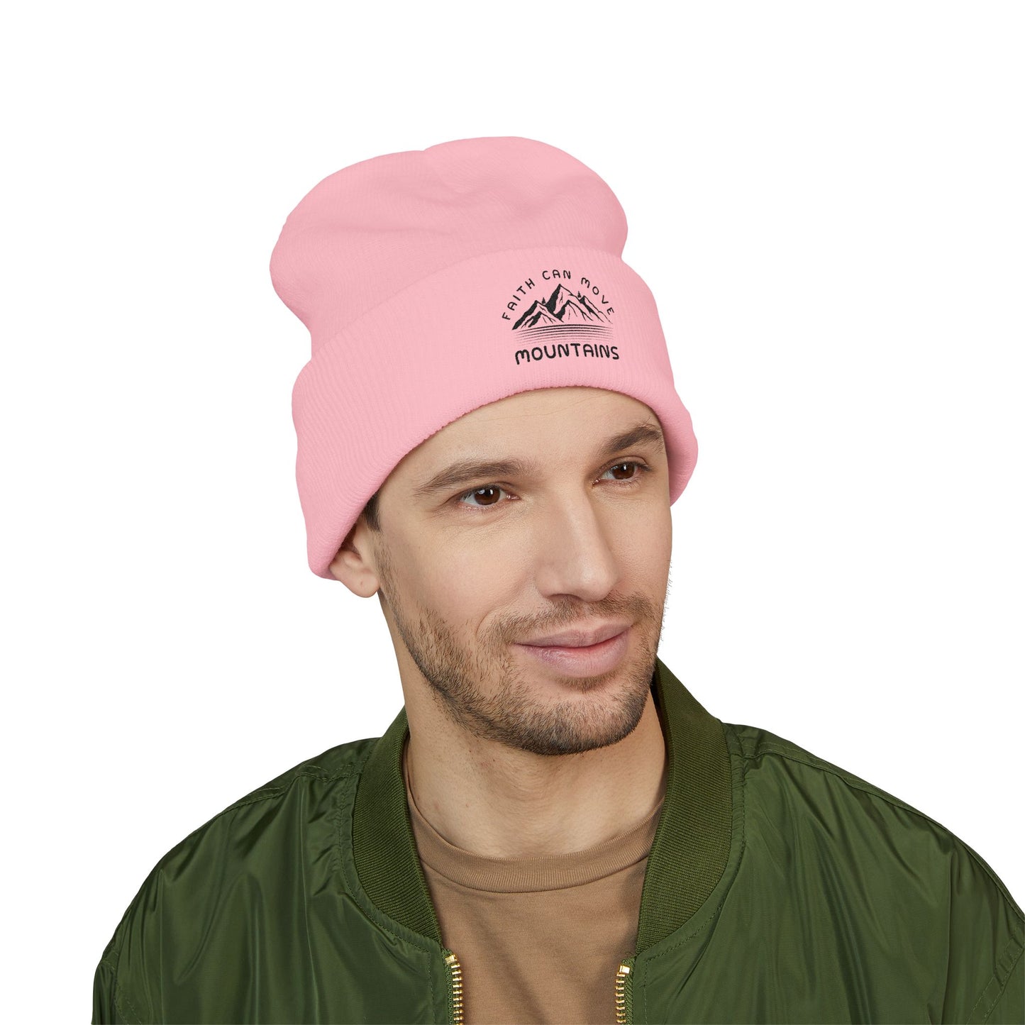 Embroidered Mountain Beanie — "Faith Can Move Mountains" Cuffed Knit Hat