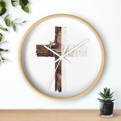 Wooden Cross Wall Clock — "For God So Loved the World He Gave His Son" Christian Home Decor