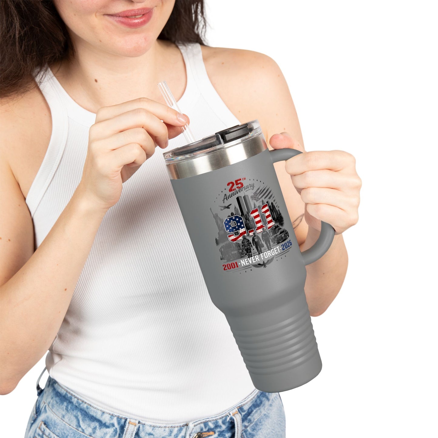 25th Anniversary 40oz Insulated Travel Mug — American Flag Memorial Design