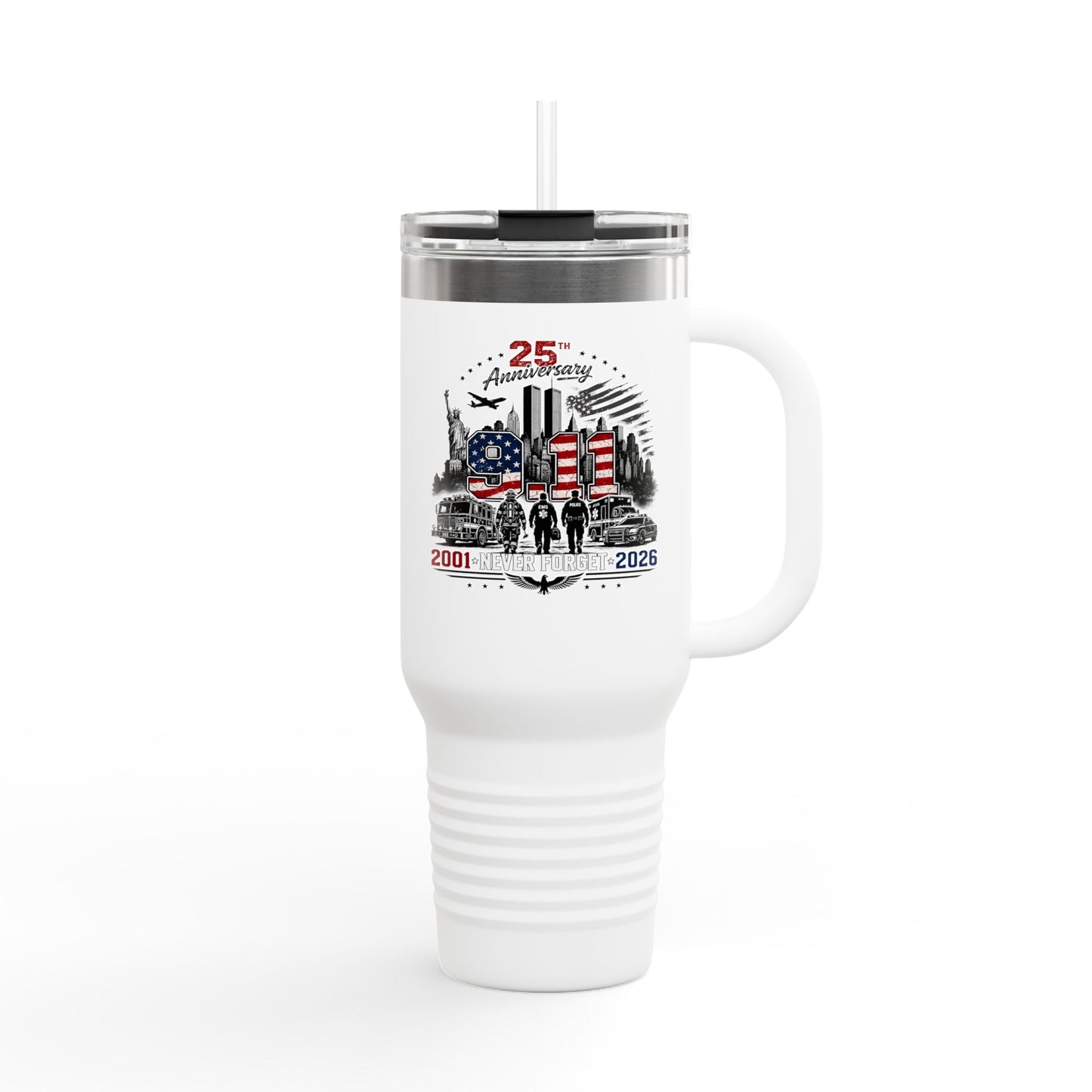 25th Anniversary 40oz Insulated Travel Mug — American Flag Memorial Design