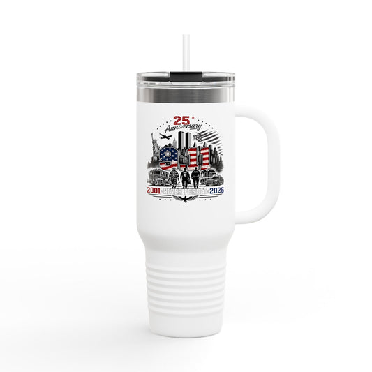 25th Anniversary 40oz Insulated Travel Mug — American Flag Memorial Design