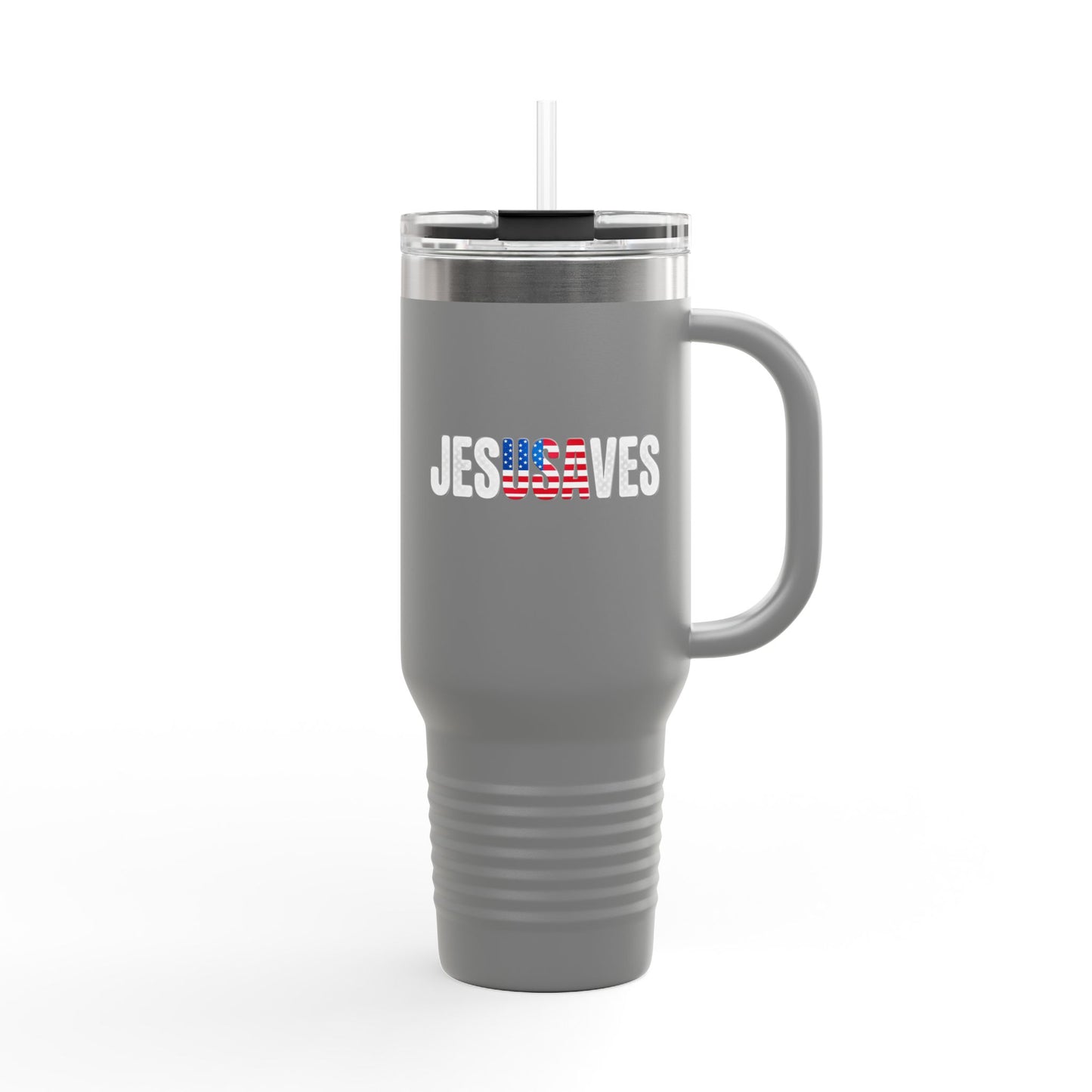40oz Insulated Travel Mug – 'Jesus Saves' Patriotic American Flag Design