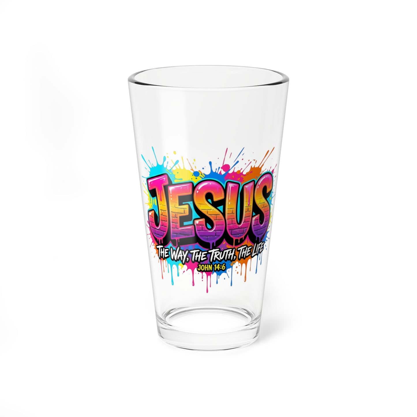 Mixing Glass - Colorful 'JESUS' Graffiti Pint Glass (16oz)