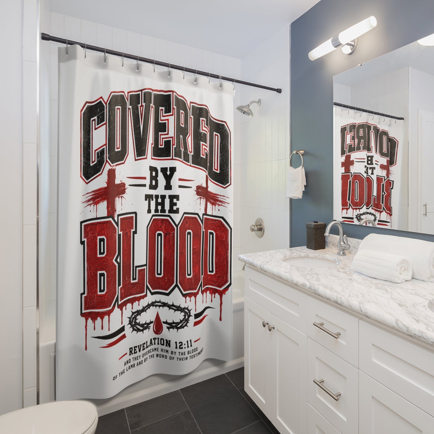 Shower Curtain - "Covered by the Blood" Christian Bathroom Decor (Revelation 12:11)