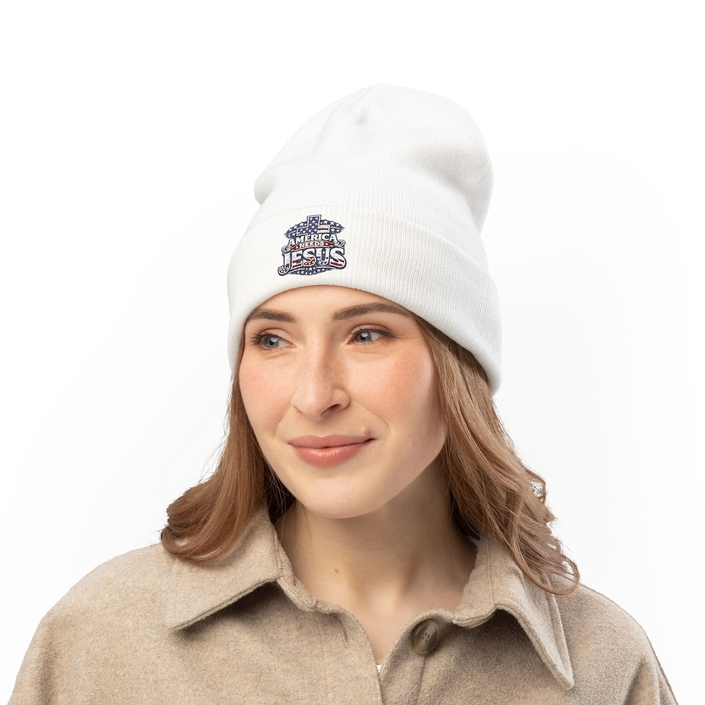 Embroidered "America Loves Jesus" Knit Beanie — Patriotic Christian Winter Hat
