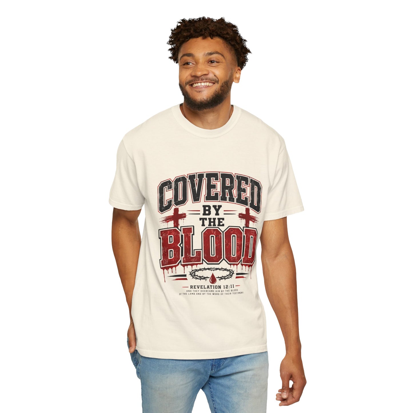 Covered by the Blood T-Shirt — Christian Faith Graphic Tee (Revelation 12:11)