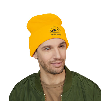 Embroidered Mountain Beanie — "Faith Can Move Mountains" Cuffed Knit Hat