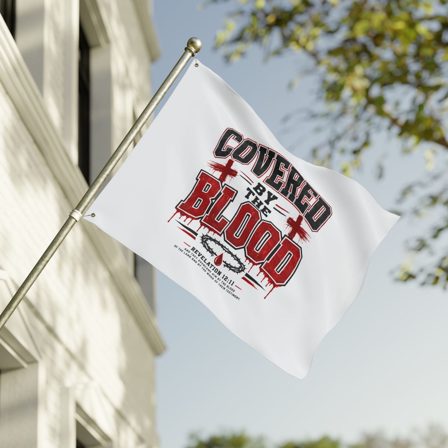 Covered by the Blood Flag - Double-Sided Christian Faith Banner (Revelation 1:5-7)