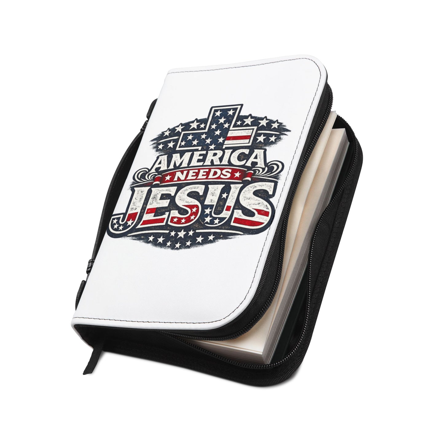 Bible Cover — “America Needs Jesus” Patriotic Cross Zippered Bible Case