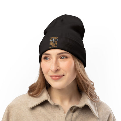 Embroidered Christian Cross Beanie — "Jesus Drop The Charges" Knit Hat