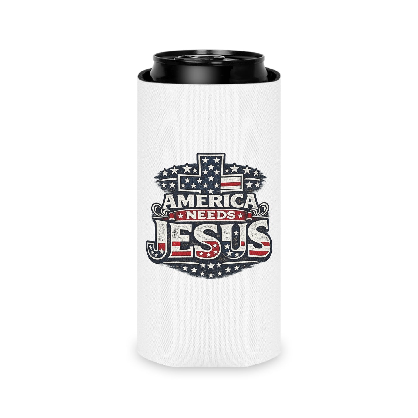 Can Cooler - "America Needs Jesus" Patriotic Cross Beverage Koozie