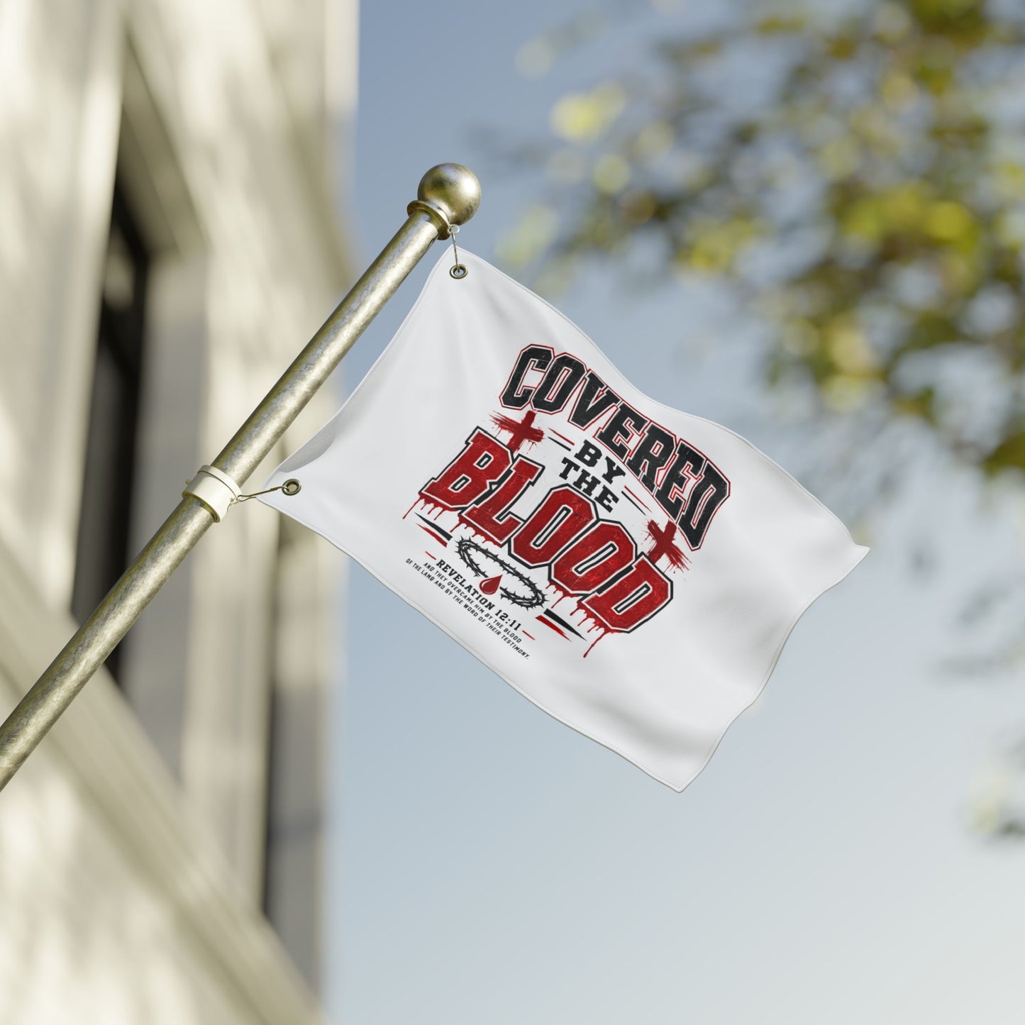 Covered by the Blood Flag - Double-Sided Christian Faith Banner (Revelation 1:5-7)
