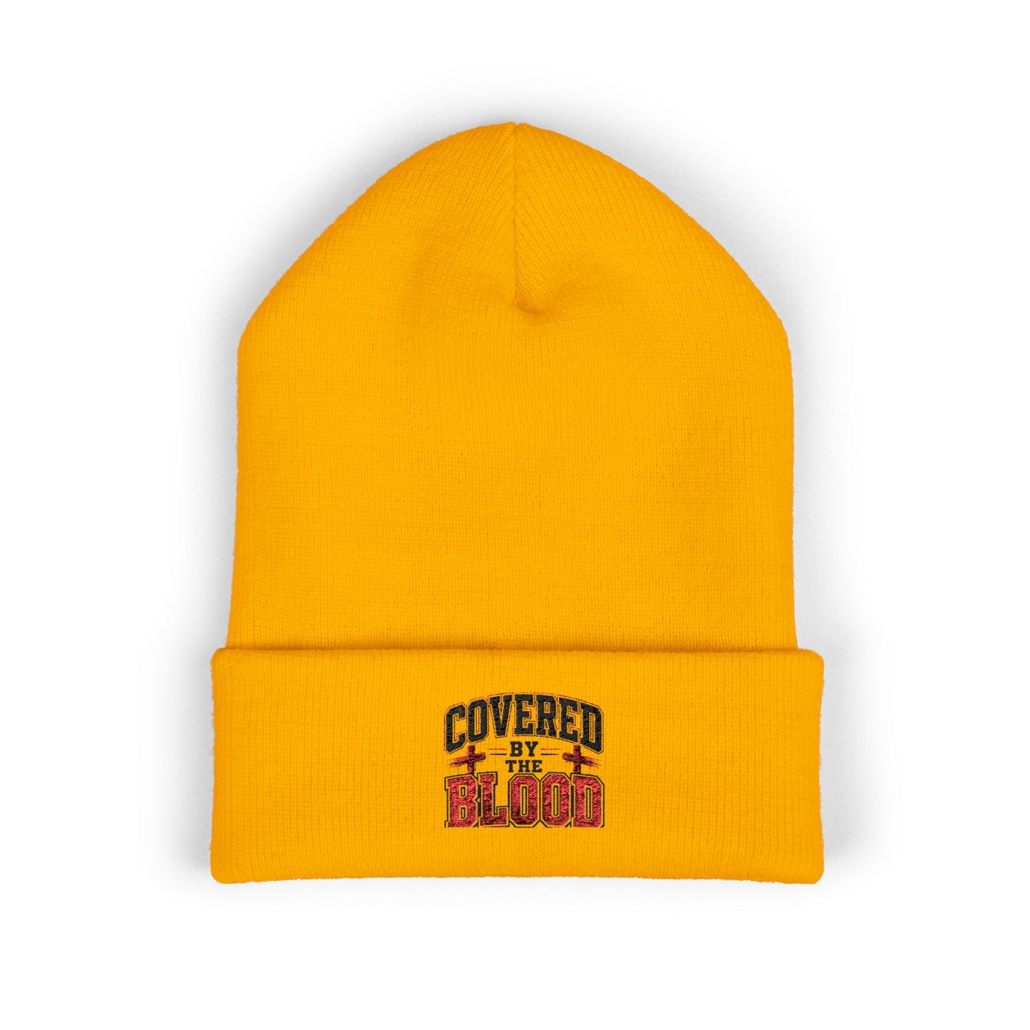 Embroidered 'Covered by the Blood' Cuffed Beanie — Christian Faith Knit Hat