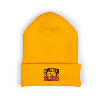 Embroidered 'Covered by the Blood' Cuffed Beanie — Christian Faith Knit Hat