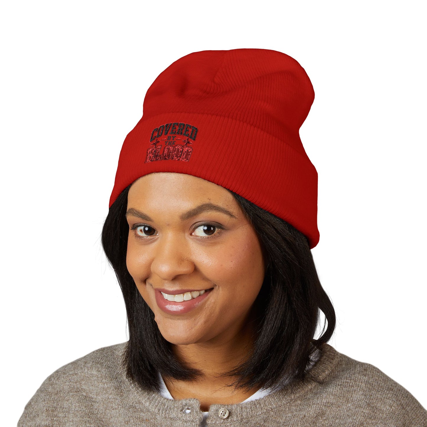 Embroidered 'Covered by the Blood' Cuffed Beanie — Christian Faith Knit Hat