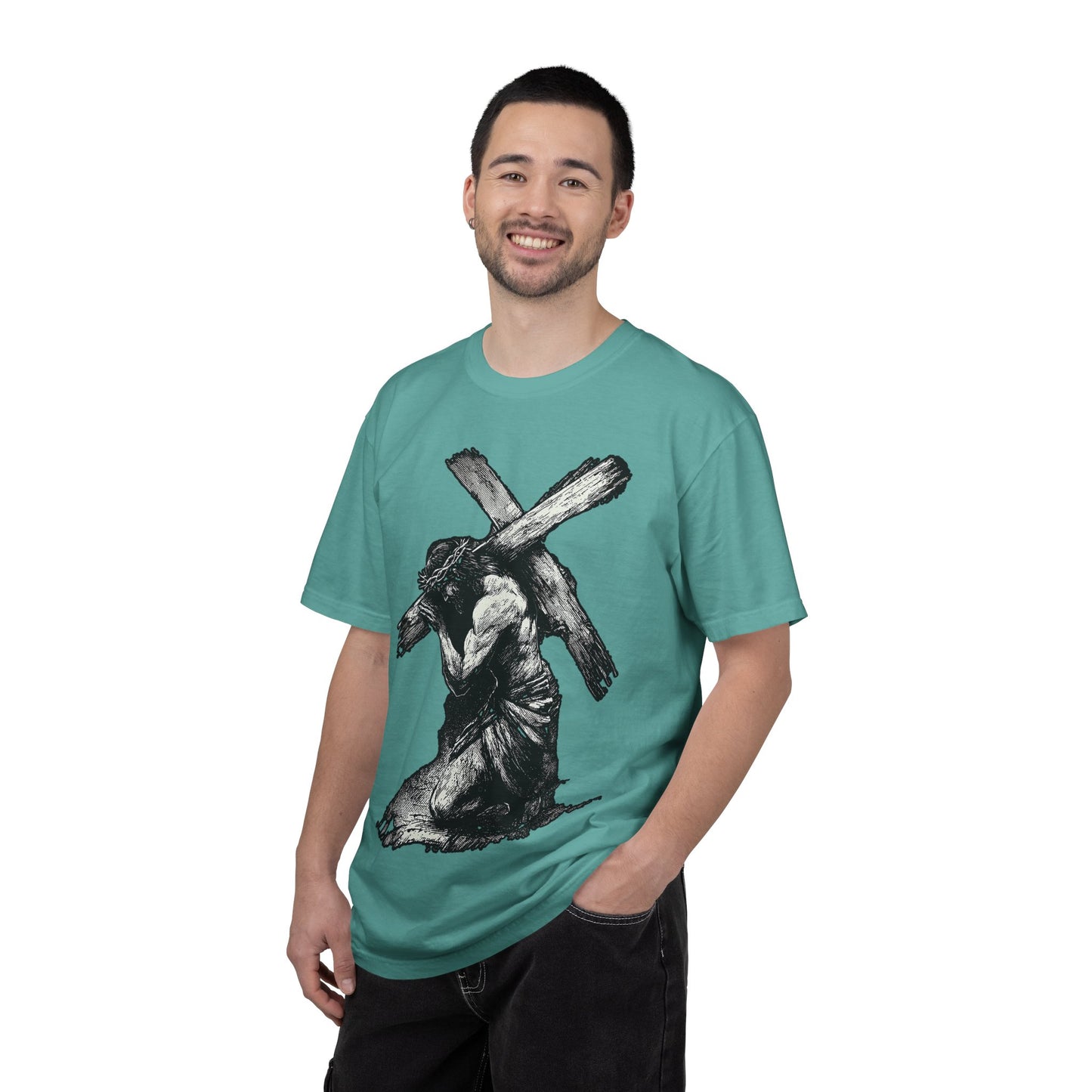T‑Shirt — Christ Carrying Cross Black Illustration Graphic Tee