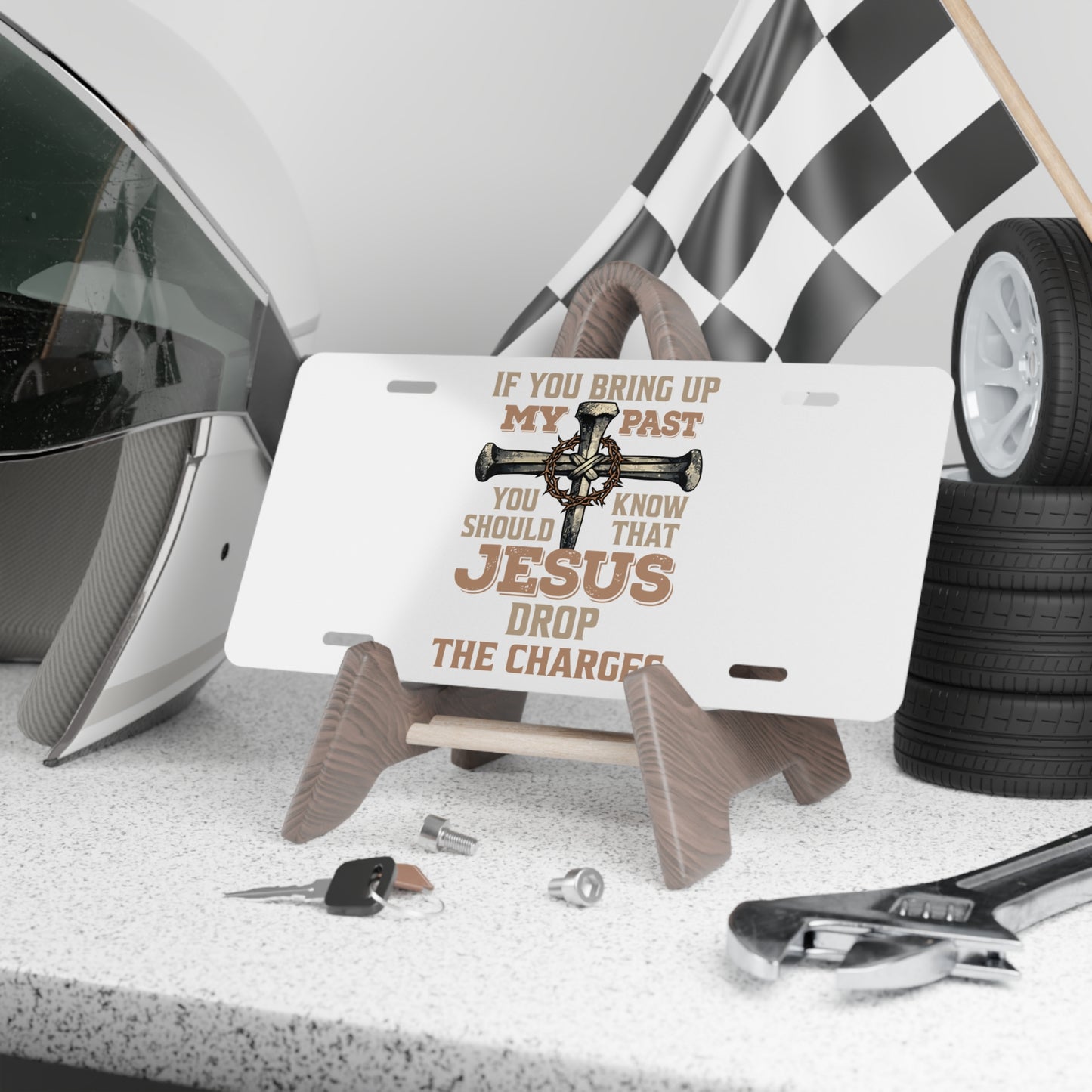 Vanity Plate — "If You Bring Up My Past You Should Know That Jesus Drop the Charges" Religious Cross License Plate