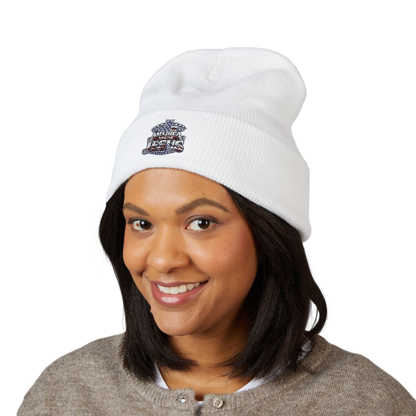 Embroidered 'Jesus' Crown Cuffed Beanie — Christian Faith Winter Hat