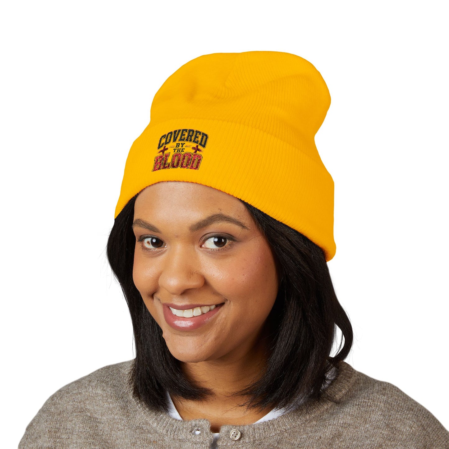 Embroidered 'Covered by the Blood' Cuffed Beanie — Christian Faith Knit Hat