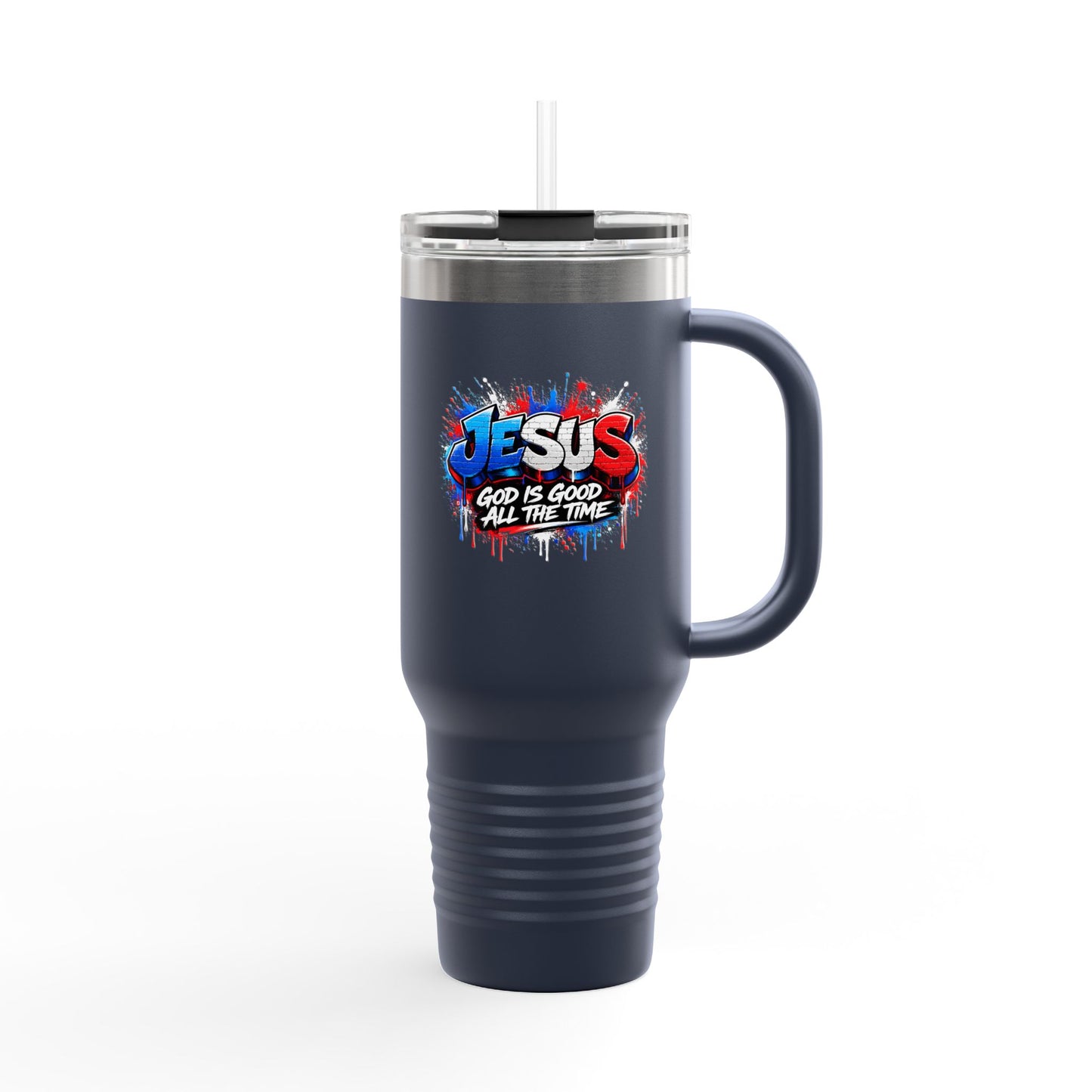 40oz Insulated Travel Mug — 'Jesus God Is Good All The Time' Colorful Faith Tumbler