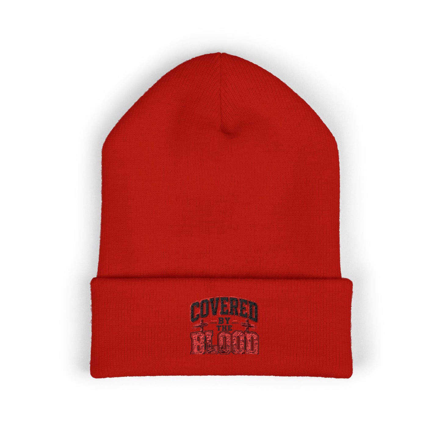 Embroidered 'Covered by the Blood' Cuffed Beanie — Christian Faith Knit Hat