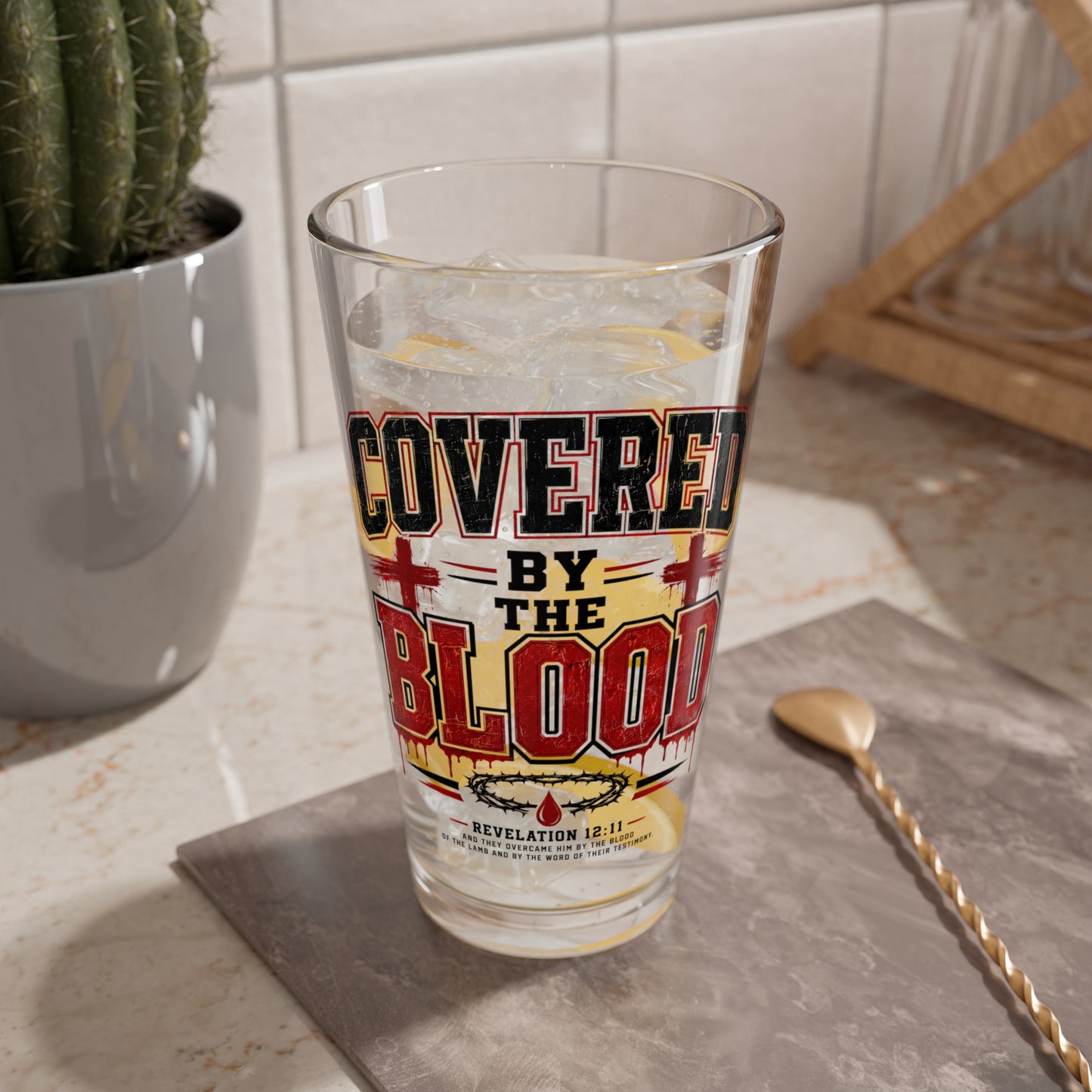 Covered by the Blood Mixing Glass – 16oz Christian Faith Pint Glass
